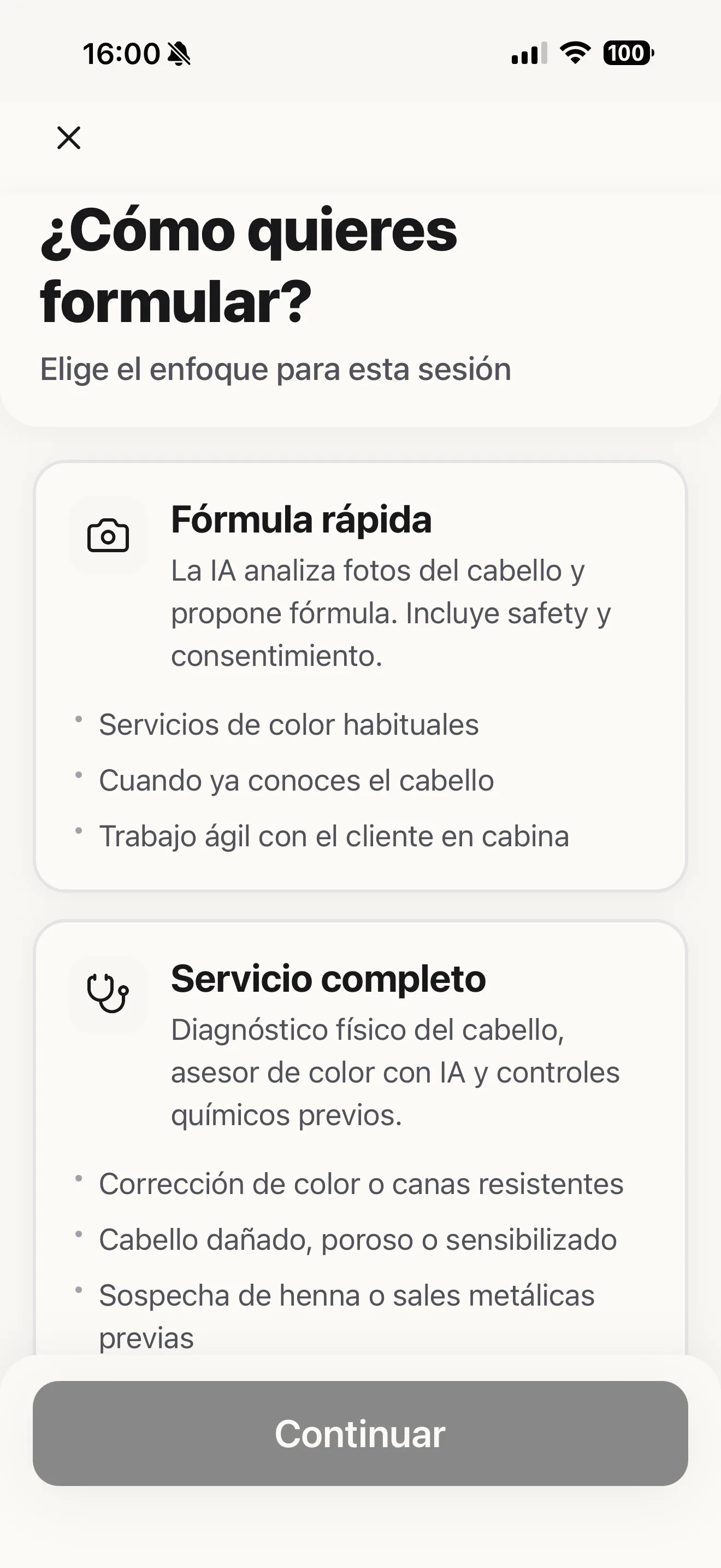 Escolher o modo de formulação de cor: fórmula rápida ou atendimento completo com diagnóstico na Blendsor
