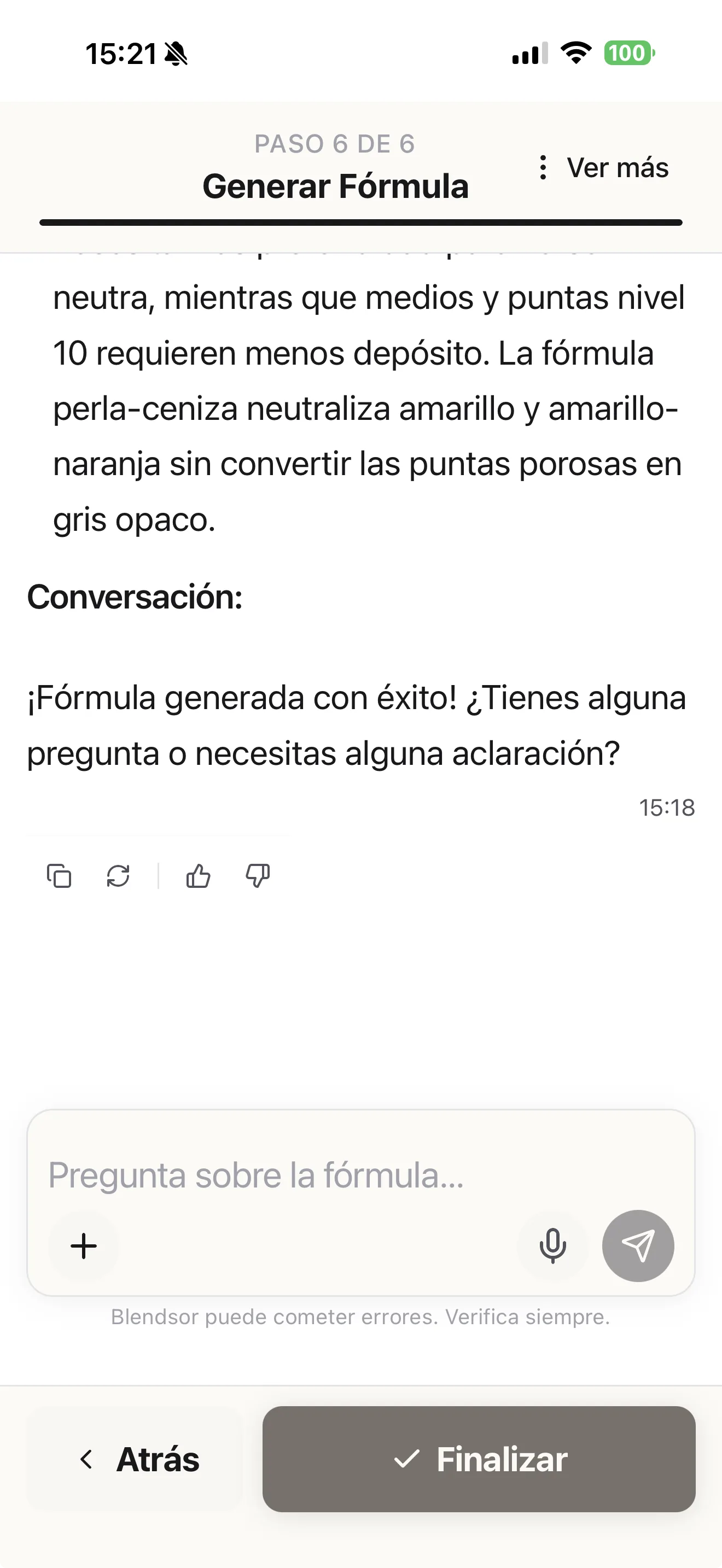 Chat para perguntar sobre a fórmula na Blendsor
