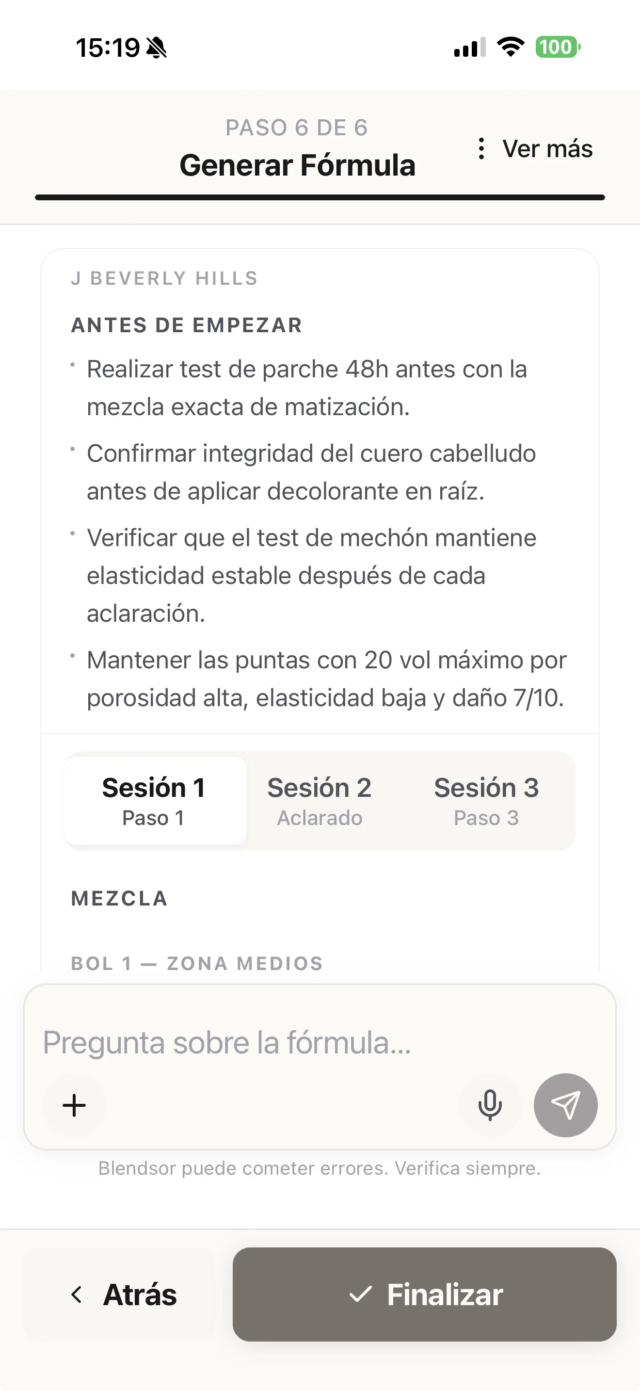 Fórmula técnica com gramas e volumes na Blendsor